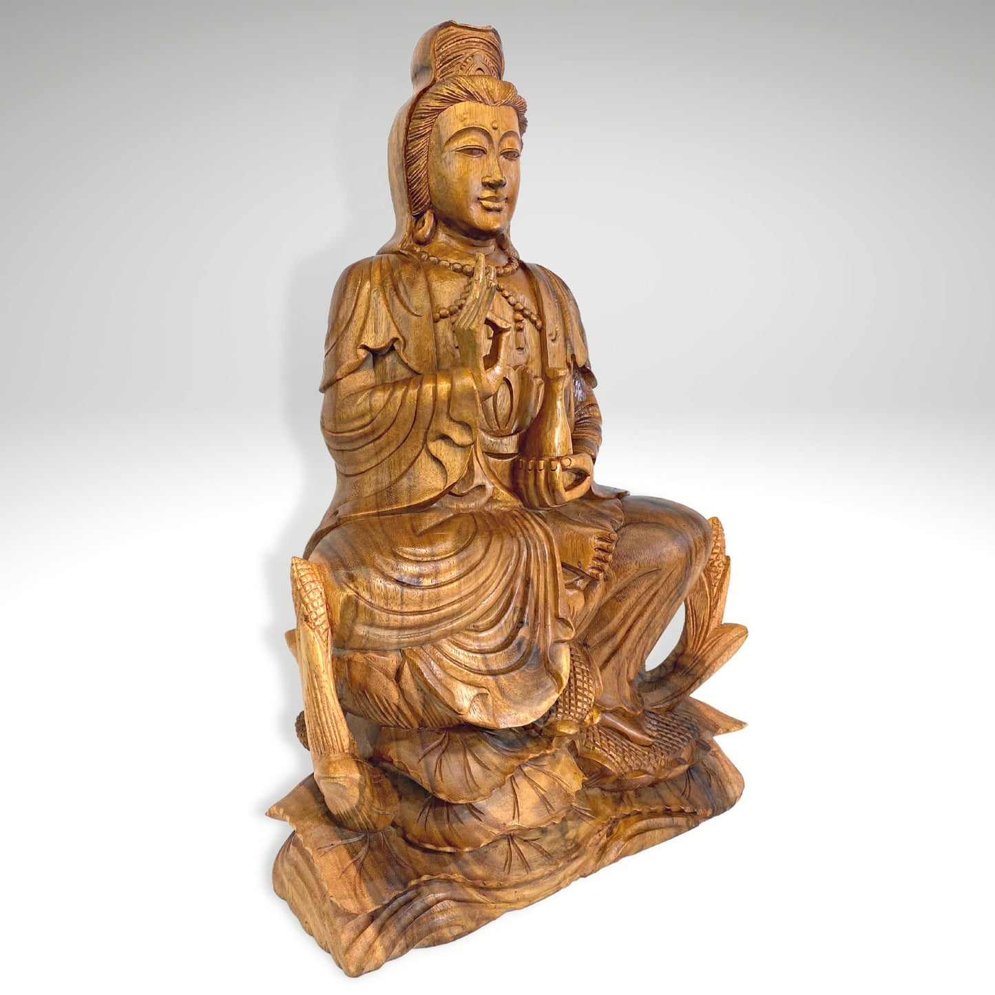 Seated Guanyin Upon Lotus Base Sculpture Bodhisattva Goddess of Compassion Mercy Statue Hand Carved Wood Carving Asian Art Mahayana Buddhism