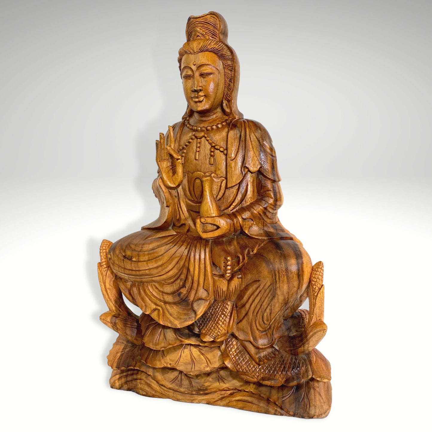 Seated Guanyin Upon Lotus Base Sculpture Bodhisattva Goddess of Compassion Mercy Statue Hand Carved Wood Carving Asian Art Mahayana Buddhism