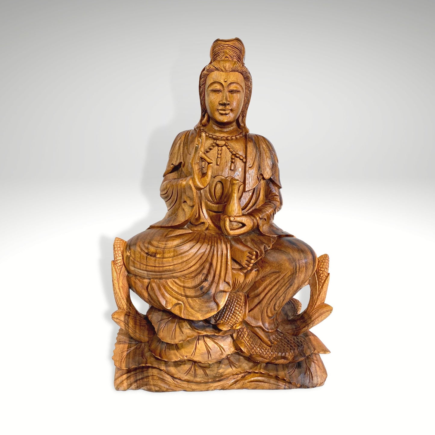 Seated Guanyin Upon Lotus Base Sculpture Bodhisattva Goddess of Compassion Mercy Statue Hand Carved Wood Carving Asian Art Mahayana Buddhism
