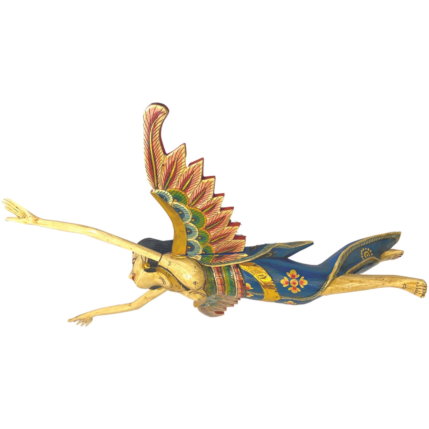 Flying Winged Dewi Sri Rice Goddess Mobile Spiritchaser Crib Guardian Carved Wood Bali art Teal Balinese Folk Art