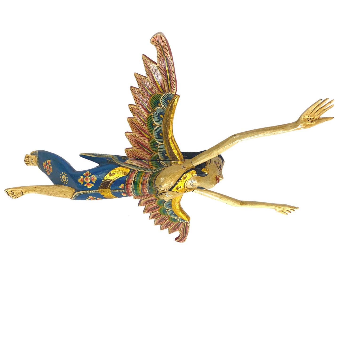 Flying Winged Dewi Sri Rice Goddess Mobile Spiritchaser Crib Guardian Carved Wood Bali art Teal Balinese Folk Art