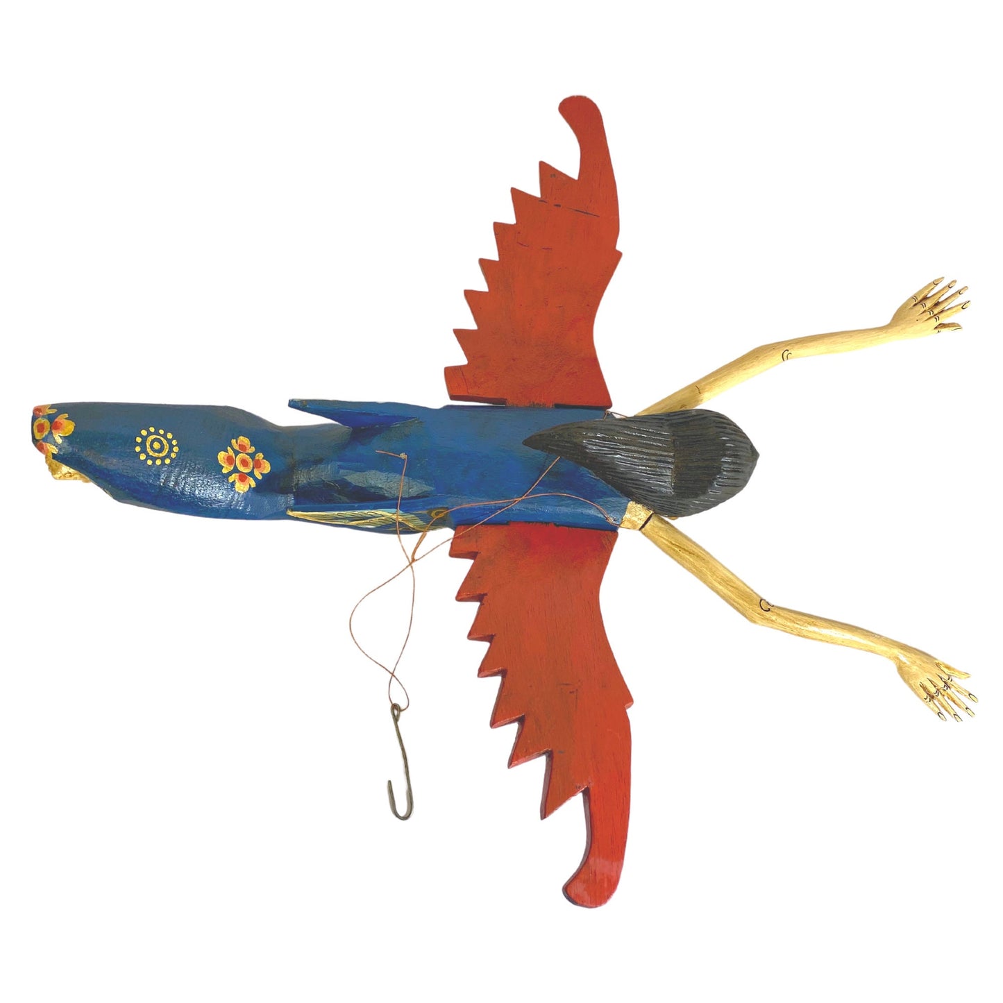 Flying Winged Dewi Sri Rice Goddess Mobile Spiritchaser Crib Guardian Carved Wood Bali art Teal Balinese Folk Art