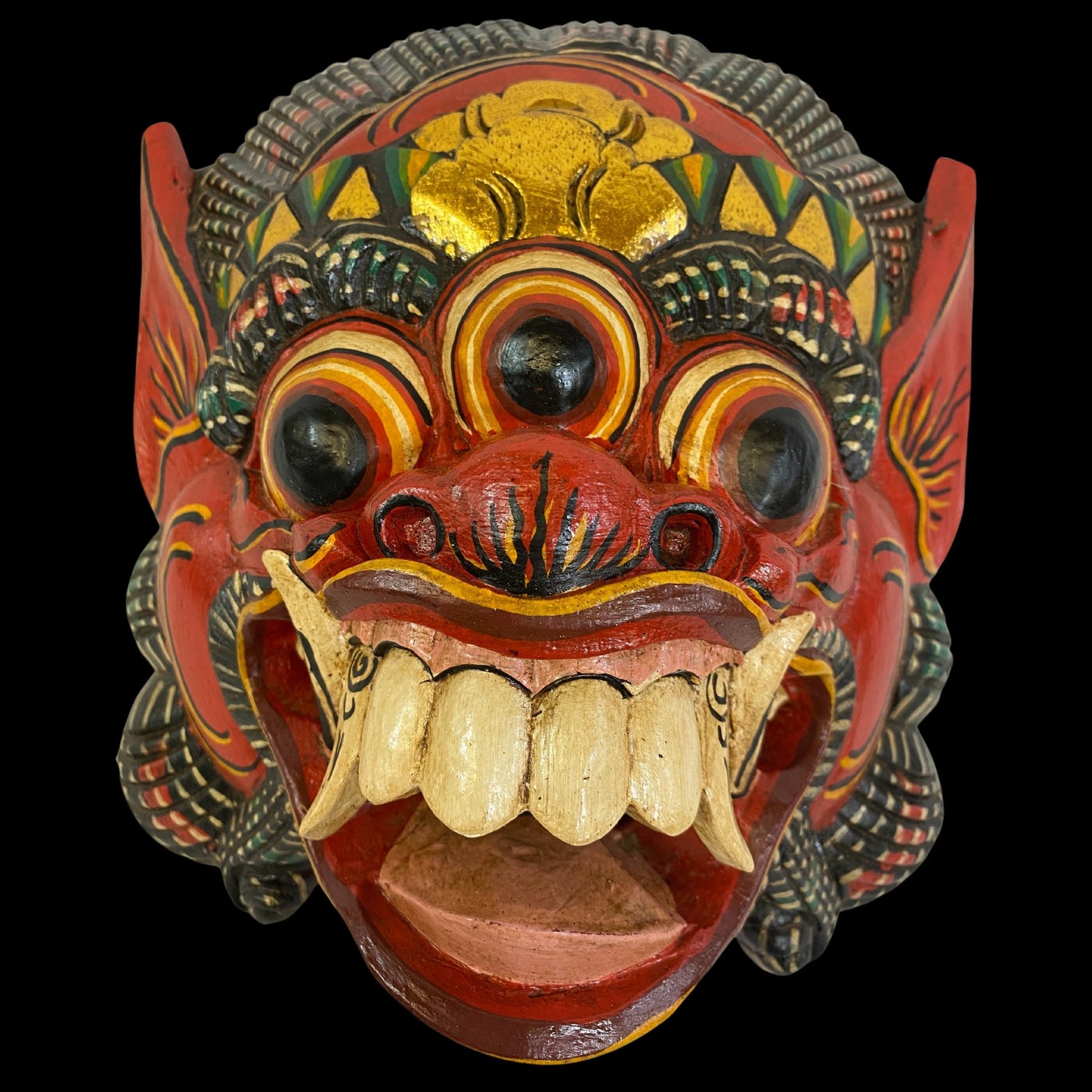 Balinese Mask Boma Barong Third Eye Three Eyed Demon Monster Rakshasa Mask Bali Folk Art Hand Carved Wood Carving Red - Acadia World Traders