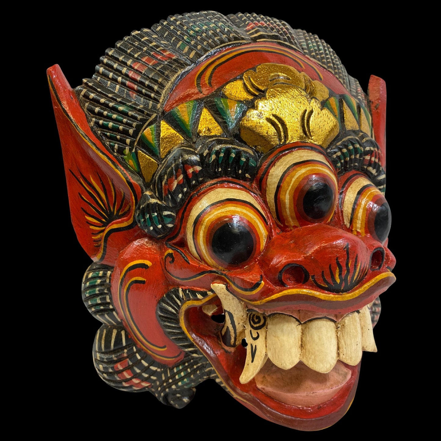 Balinese Mask Boma Barong Third Eye Three Eyed Demon Monster Rakshasa Mask Bali Folk Art Hand Carved Wood Carving Red - Acadia World Traders