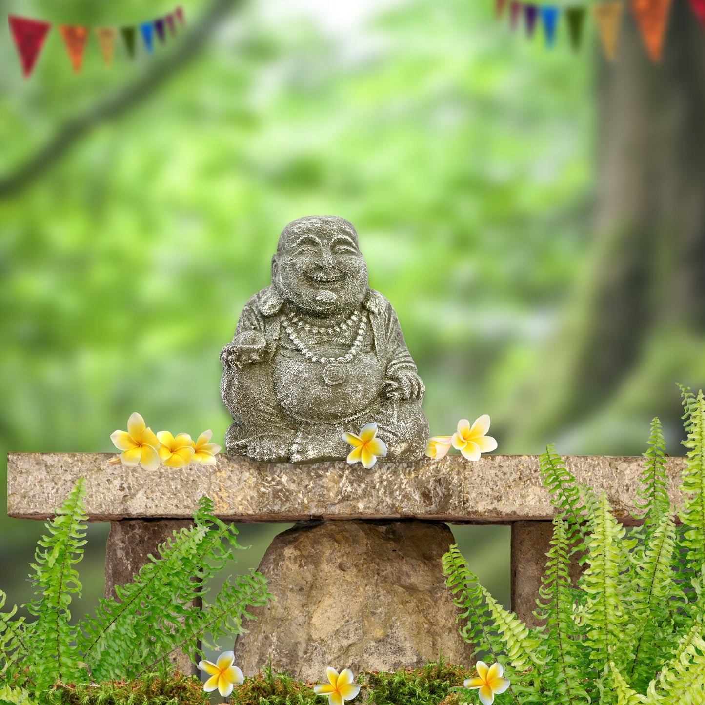Hotei Prosperity Buddha Garden Statue Handmade cast lava stone Bali Yard Art