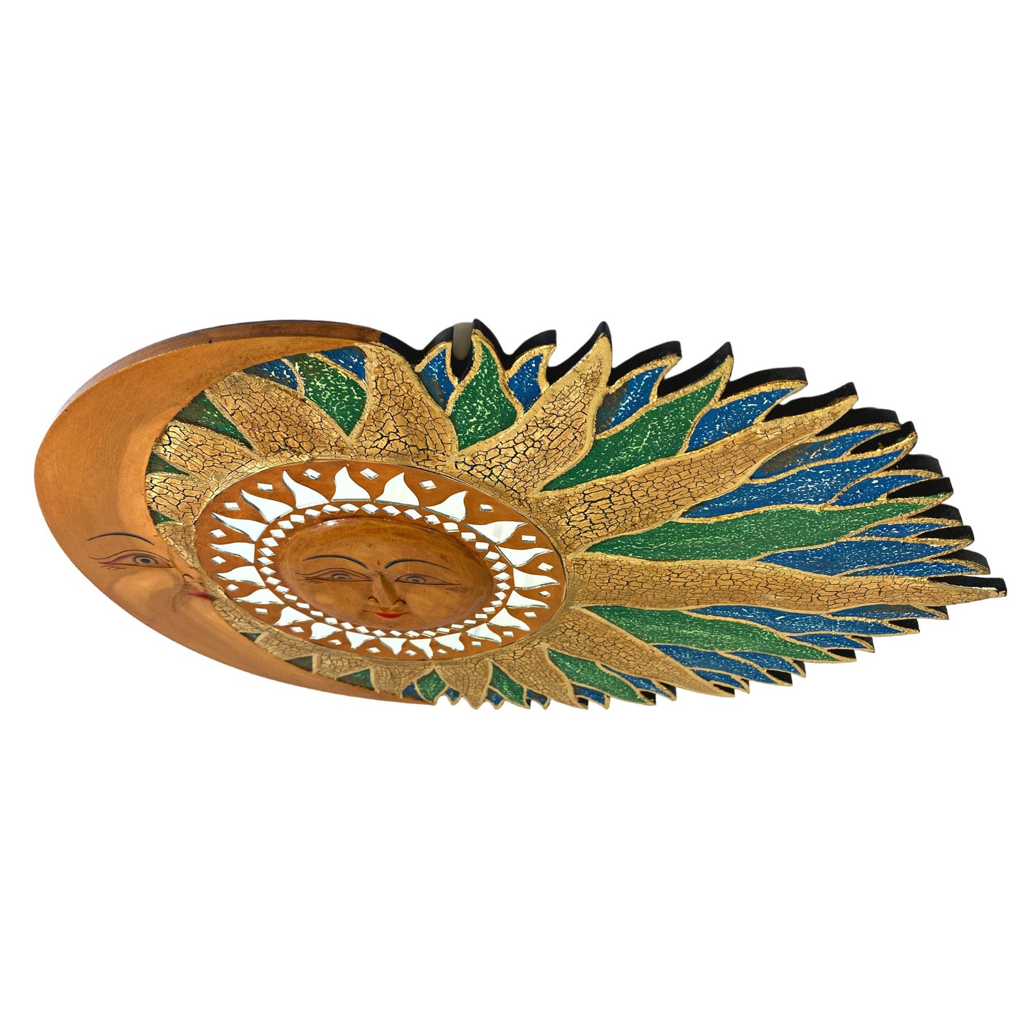 Wind Blown Sun & Moon Sunburst Celestial Wall Art Plaque Half MOON Carved hand painted Bali Balinese folk art Blue Green