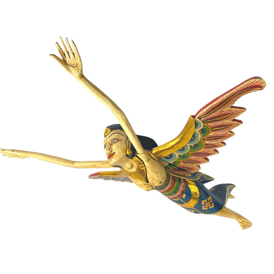 Flying Winged Dewi Sri Rice Goddess Mobile Spiritchaser Crib Guardian Carved Wood Bali art Teal Balinese Folk Art