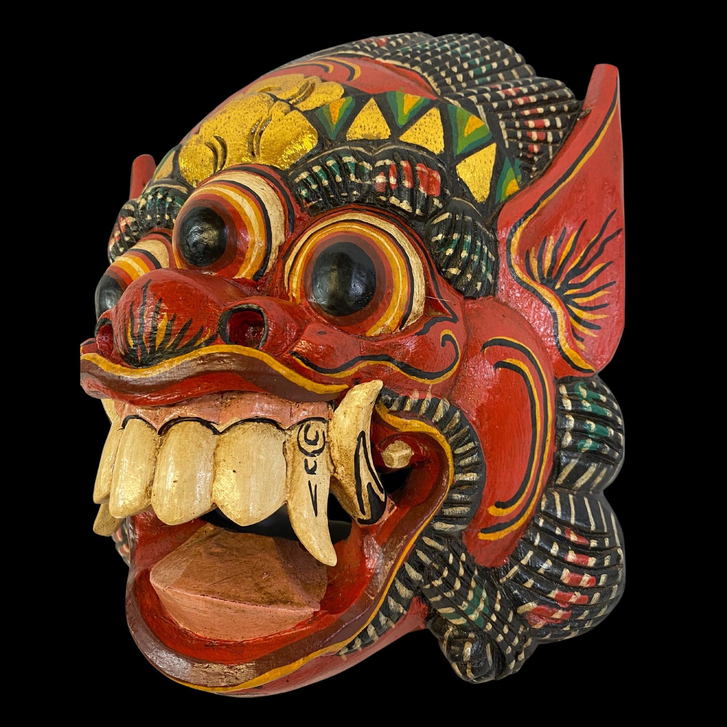 Balinese Mask Boma Barong Third Eye Three Eyed Demon Monster Rakshasa Mask Bali Folk Art Hand Carved Wood Carving Red - Acadia World Traders