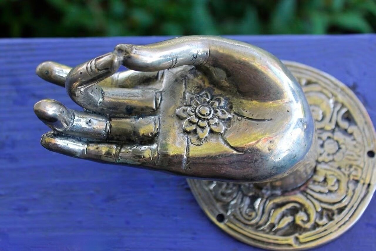 Bronze Buddha Hand Mudra Door Pull: Lost Wax Cast Balinese Metal Knob