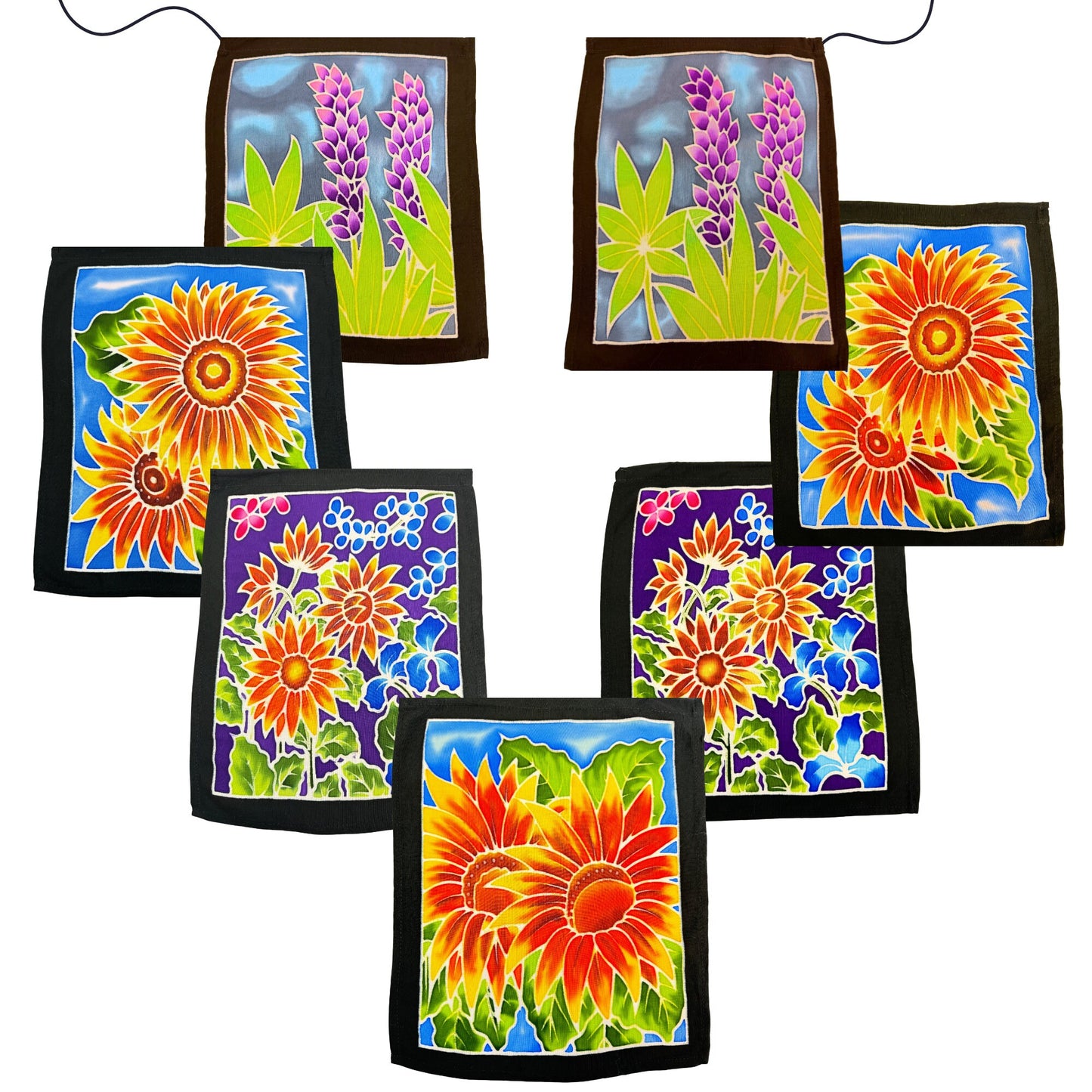 Prayer Flag Summer Sun Flowers and Lupine Wild Flowers Meadow Wall Hanging Banner Balinese Handmade Batik Boho Garden Art & Home Decor