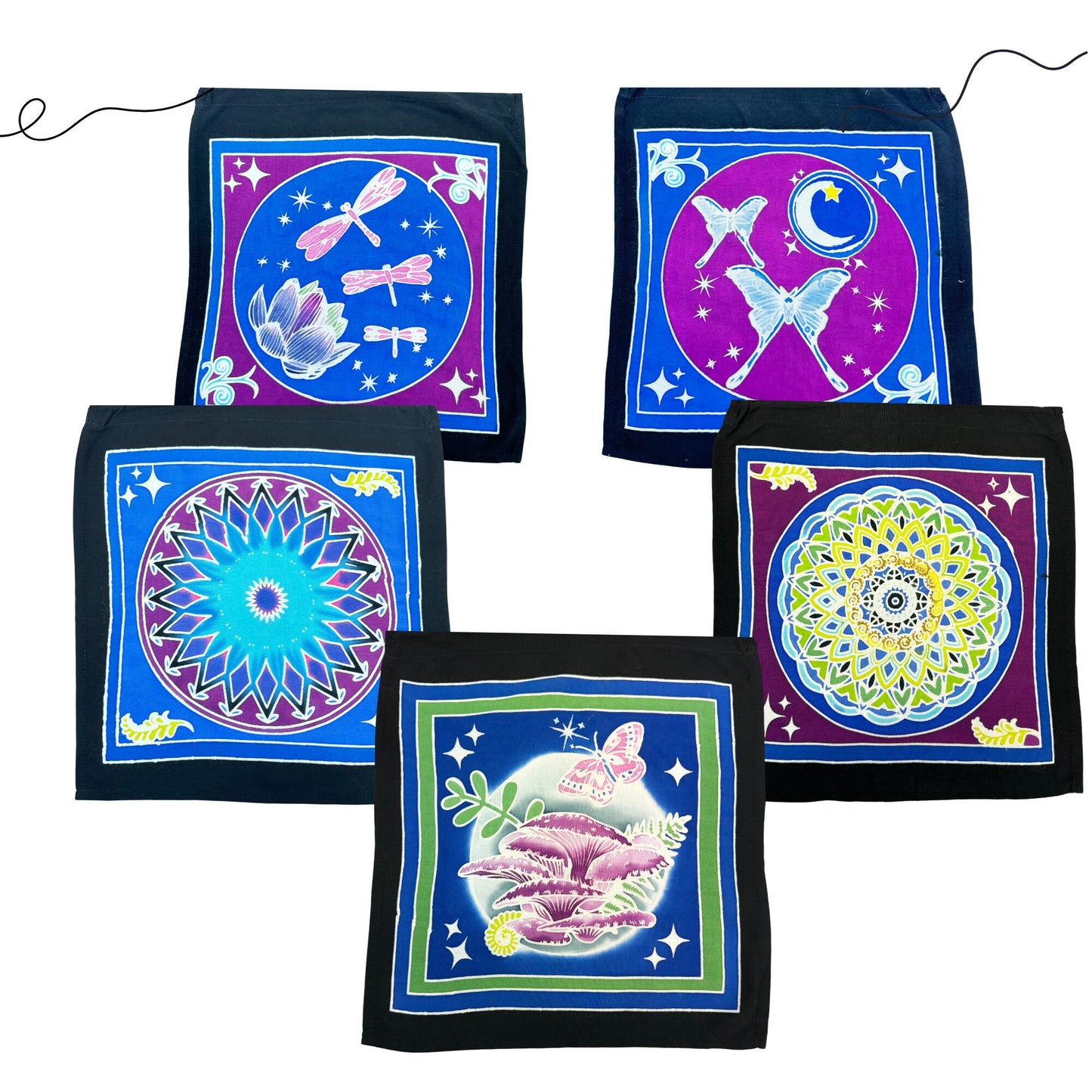 Mandala Prayer flag forest Mushrooms Dragonfly Moon light Butterfly Wall hanging Banner Handmade Balinese Batik Art