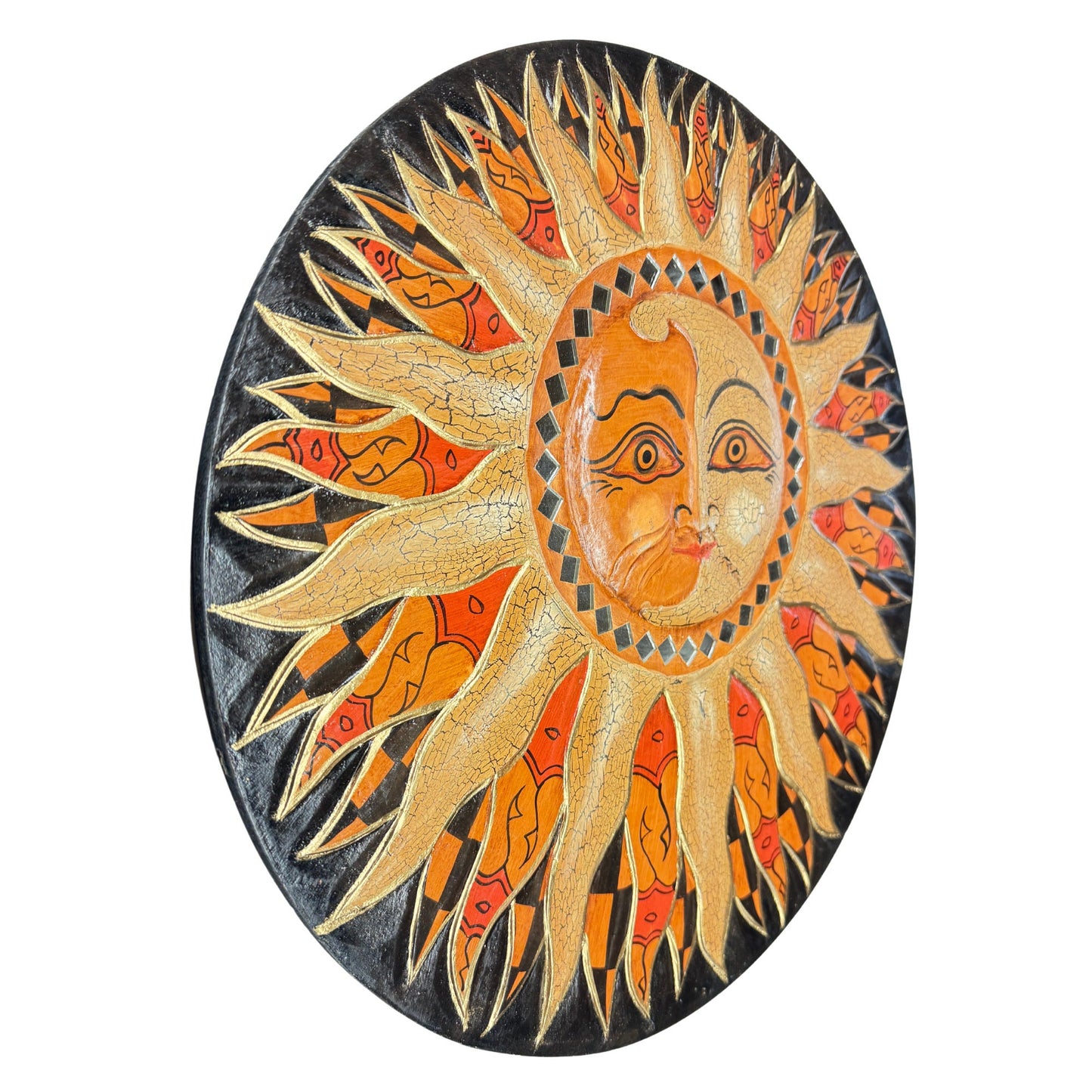 Batik Sunburst Sun Wall Art Round Plaque Half MOON Celestial Carved hand painted Bali folkart 16 in