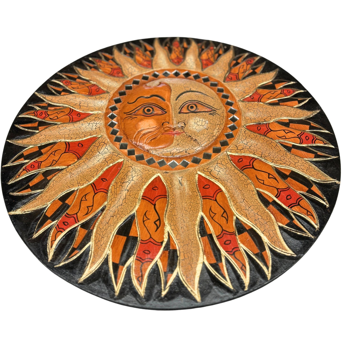 Batik Sunburst Sun Wall Art Round Plaque Half MOON Celestial Carved hand painted Bali folkart 16 in