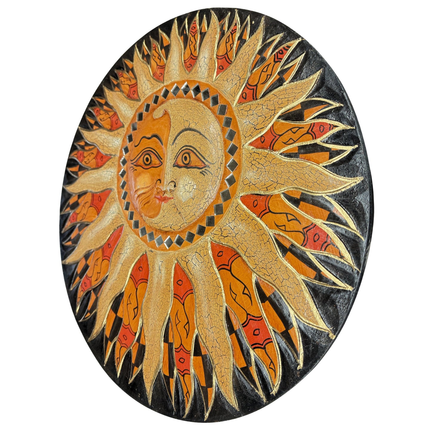 Batik Sunburst Sun Wall Art Round Plaque Half MOON Celestial Carved hand painted Bali folkart 16 in