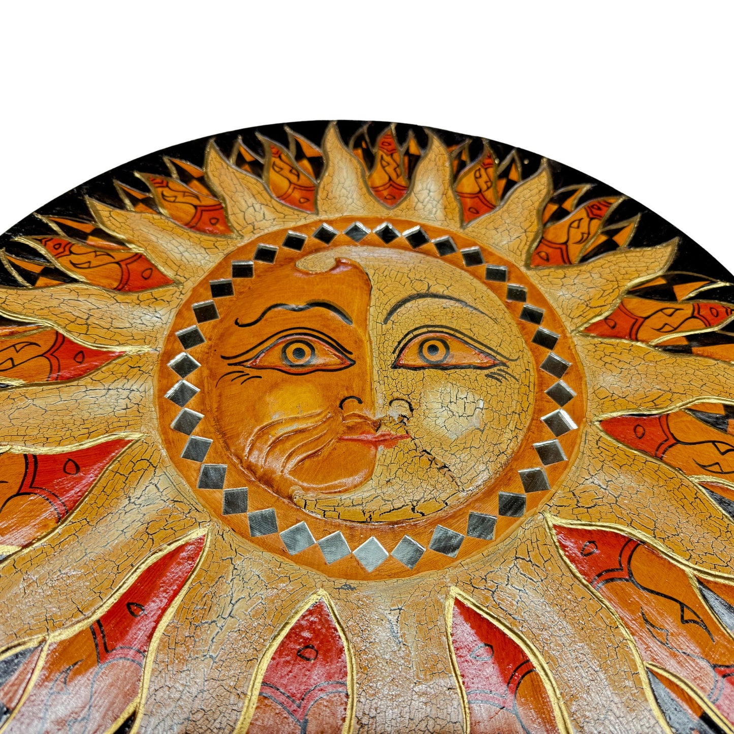 Batik Sunburst Sun Wall Art Round Plaque Half MOON Celestial Carved hand painted Bali folkart 16 in