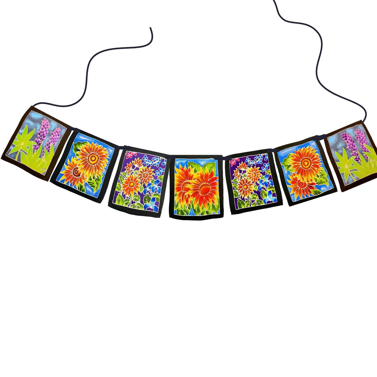 Prayer Flag Summer Sun Flowers and Lupine Wild Flowers Meadow Wall Hanging Banner Balinese Handmade Batik Boho Garden Art & Home Decor