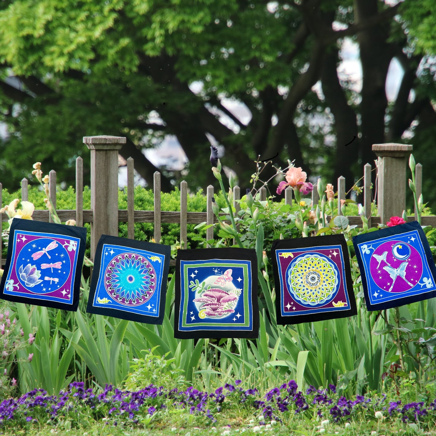 Mandala Prayer flag forest Mushrooms Dragonfly Moon light Butterfly Wall hanging Banner Handmade Balinese Batik Art
