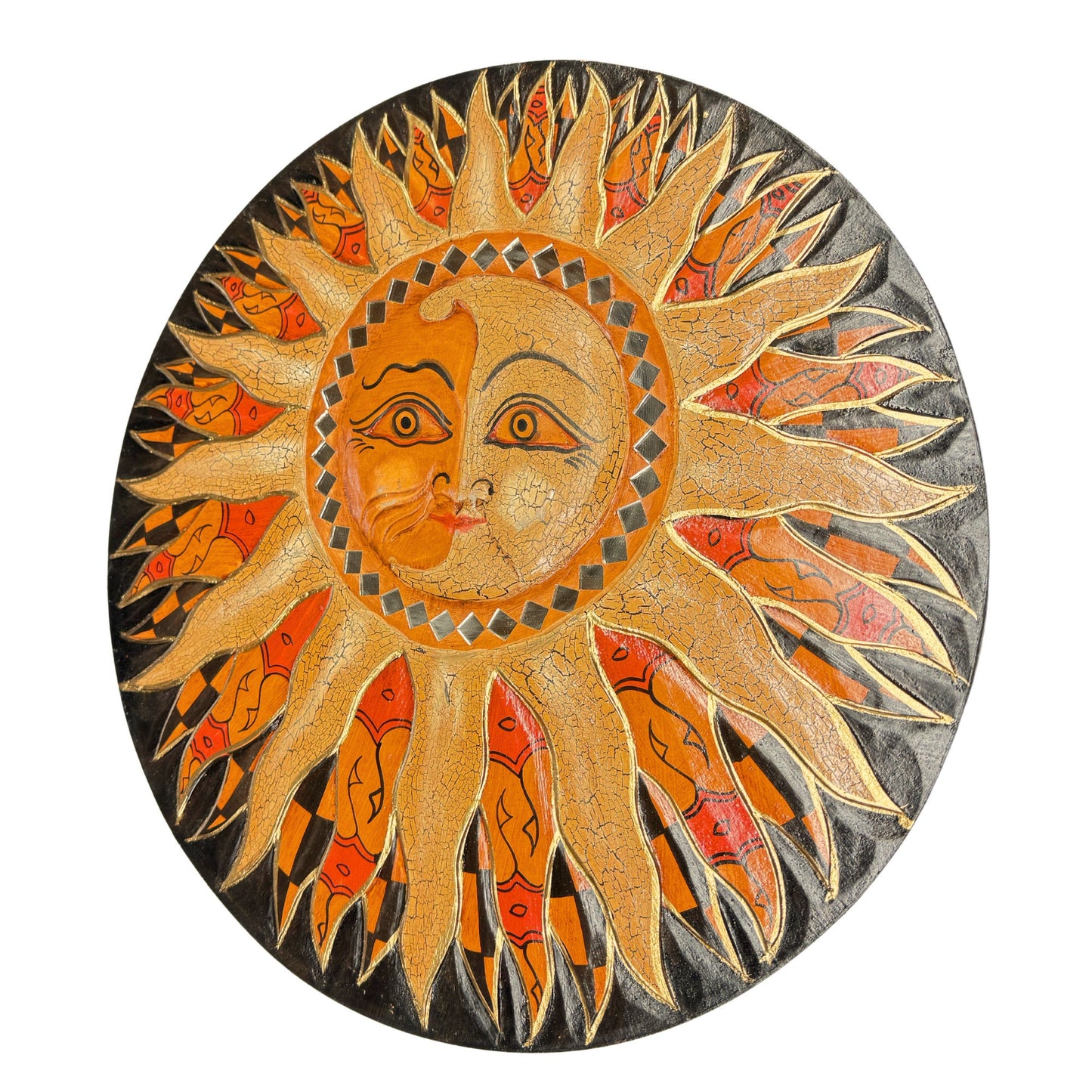Batik Sunburst Sun Wall Art Round Plaque Half MOON Celestial Carved hand painted Bali folkart 16 in