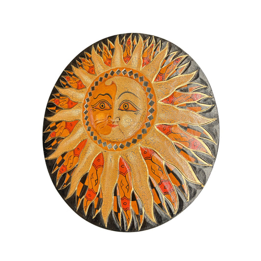 Batik Sunburst Sun Wall Art Round Plaque Half MOON Celestial Carved hand painted Bali folkart 16 in