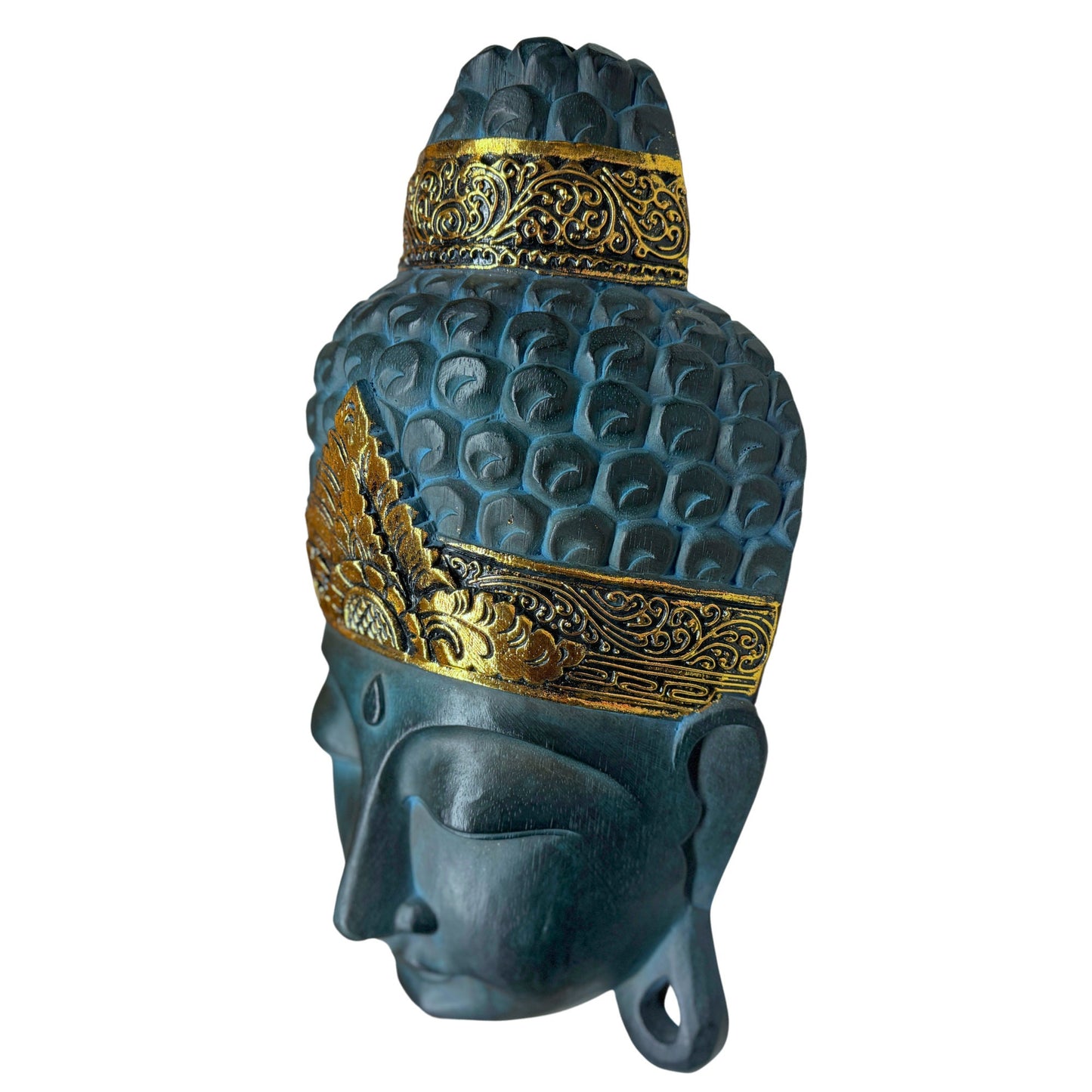 Balinese Buddha Mask Wooden Mask wall art sculpture Bali Hand Carved Wood Asian Home Decor Folk Art Teal Gold
