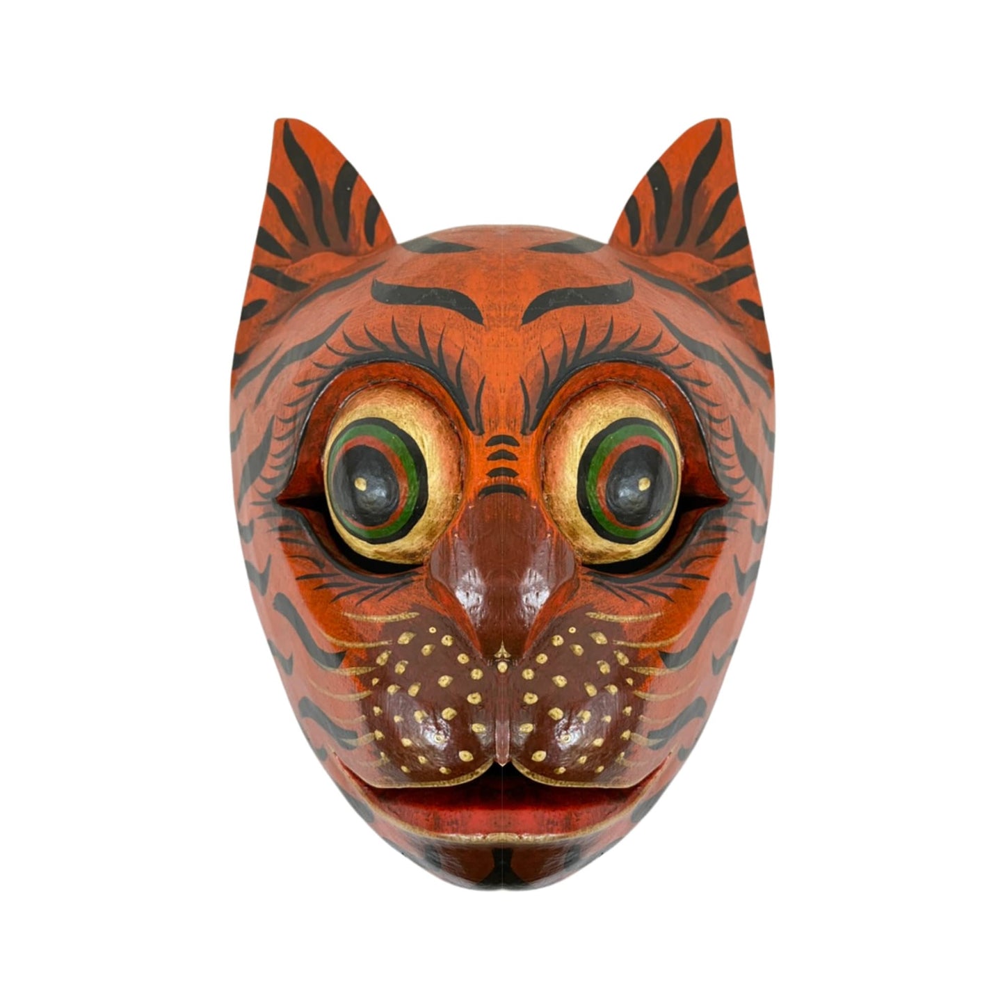 Balinese Tiger Cat Mask Striped Cat Feline Drama Mask Topeng Ginger Kitty Scaredy-cat Bali Folk Art hand carved wood Carving Wall Art