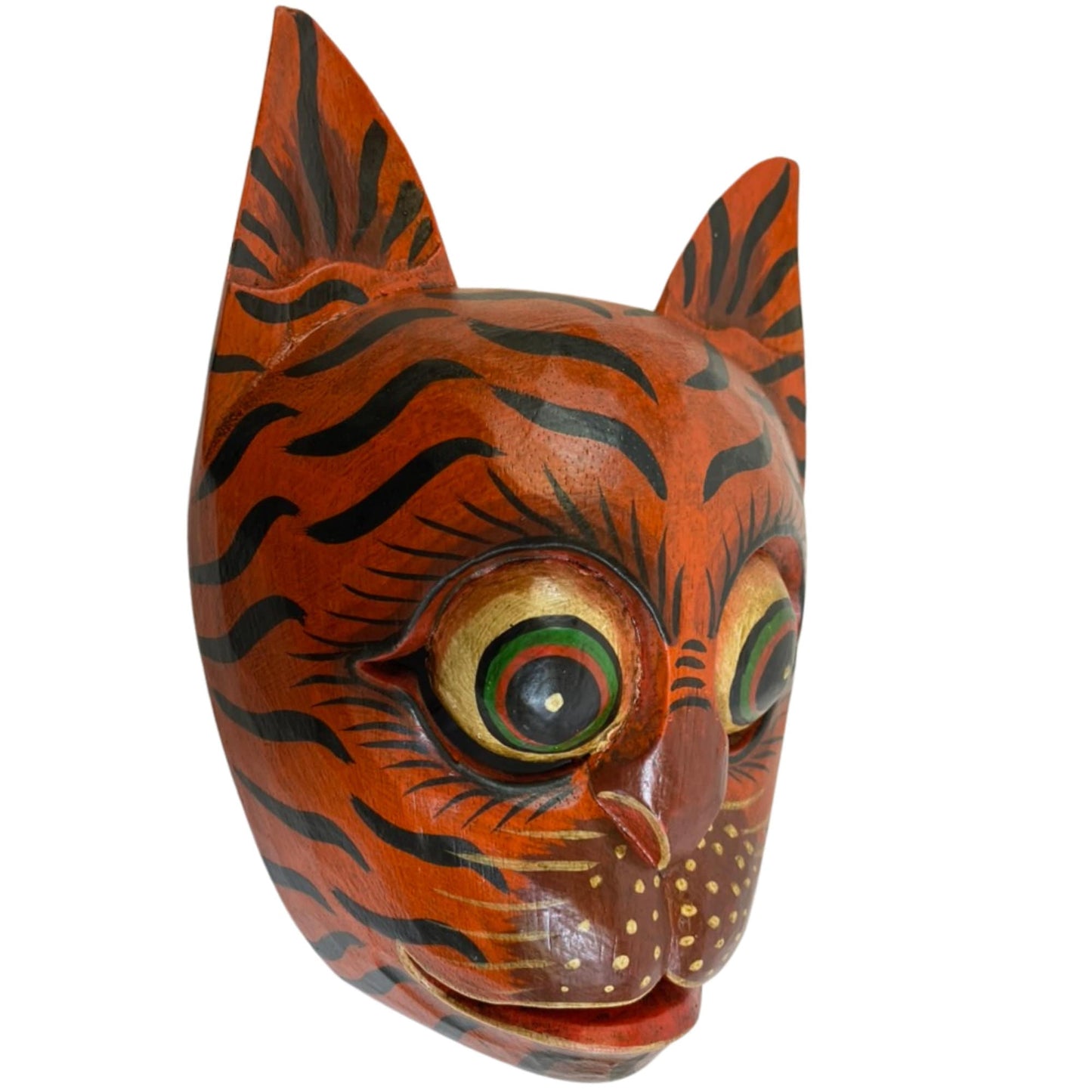 Balinese Tiger Cat Mask Striped Cat Feline Drama Mask Topeng Ginger Kitty Scaredy-cat Bali Folk Art hand carved wood Carving Wall Art