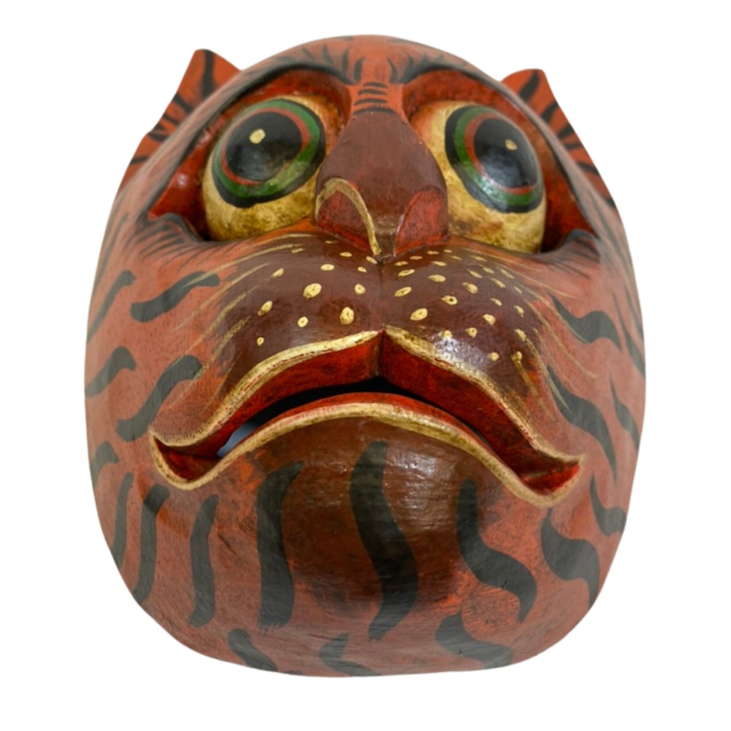 Balinese Tiger Cat Mask Striped Cat Feline Drama Mask Topeng Ginger Kitty Scaredy-cat Bali Folk Art hand carved wood Carving Wall Art