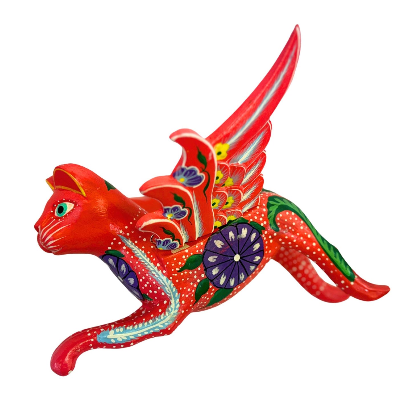 Winged Red Cat Mobile Morning Glory kitty Spiritchaser Demon chaser cradle guardian hand carved wood Balinese Folk Art - Acadia World Traders