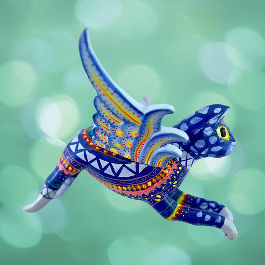 Winged Blue Cat Mobile Geo Kitty Spiritchaser Demon chaser cradle guardian hand carved wood Cat Lady Balinese Folk Art