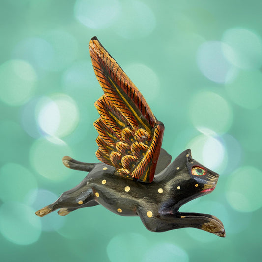 Winged Black Cat Mobile Flying Demon Chaser Carved Wood Balinese Folk Art - Acadia World Traders