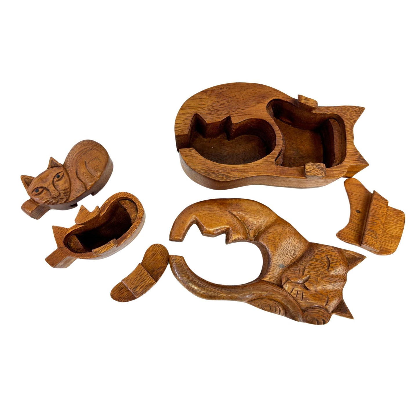 Mother Cat and Kitten Secret puzzle Box Stash Trinket carved suar wood Bali Art