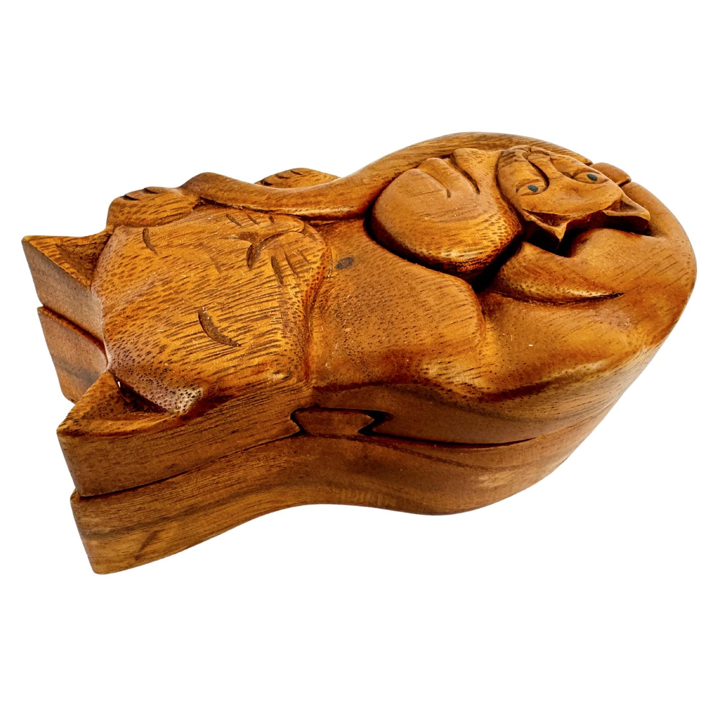 Mother Cat and Kitten Secret puzzle Box Stash Trinket carved suar wood Bali Art