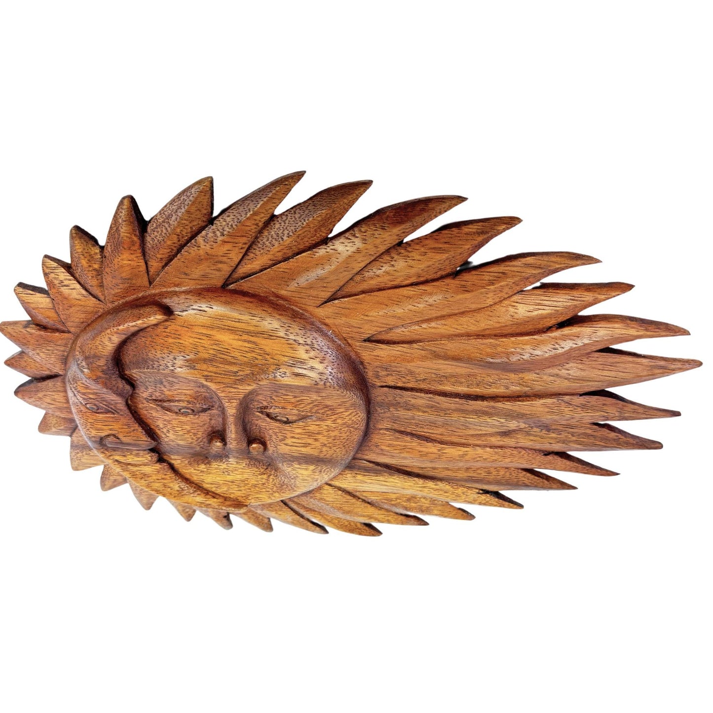 Wind Blown Sun & Moon Sunburst Celestial Wall Art Plaque Half MOON Carved hand carved wood Carving Bali Balinese folk art