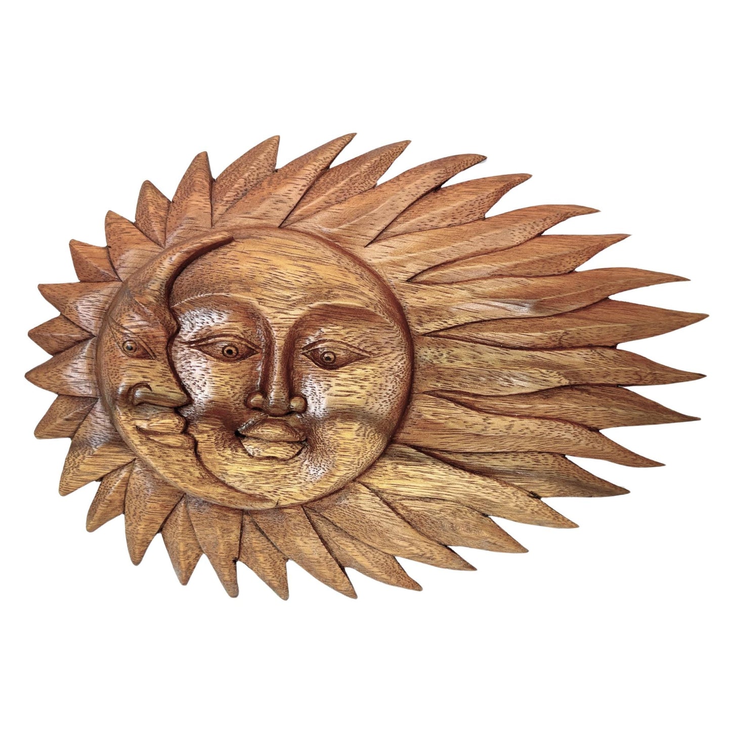 Wind Blown Sun & Moon Sunburst Celestial Wall Art Plaque Half MOON Carved hand carved wood Carving Bali Balinese folk art
