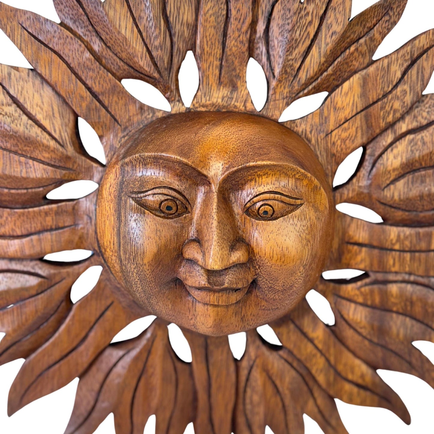 Sun Disc Sunburst Celestial Wall Art Plaque Carved hand carved natural wood Carving Bali Balinese folk art 14" - Acadia World Traders