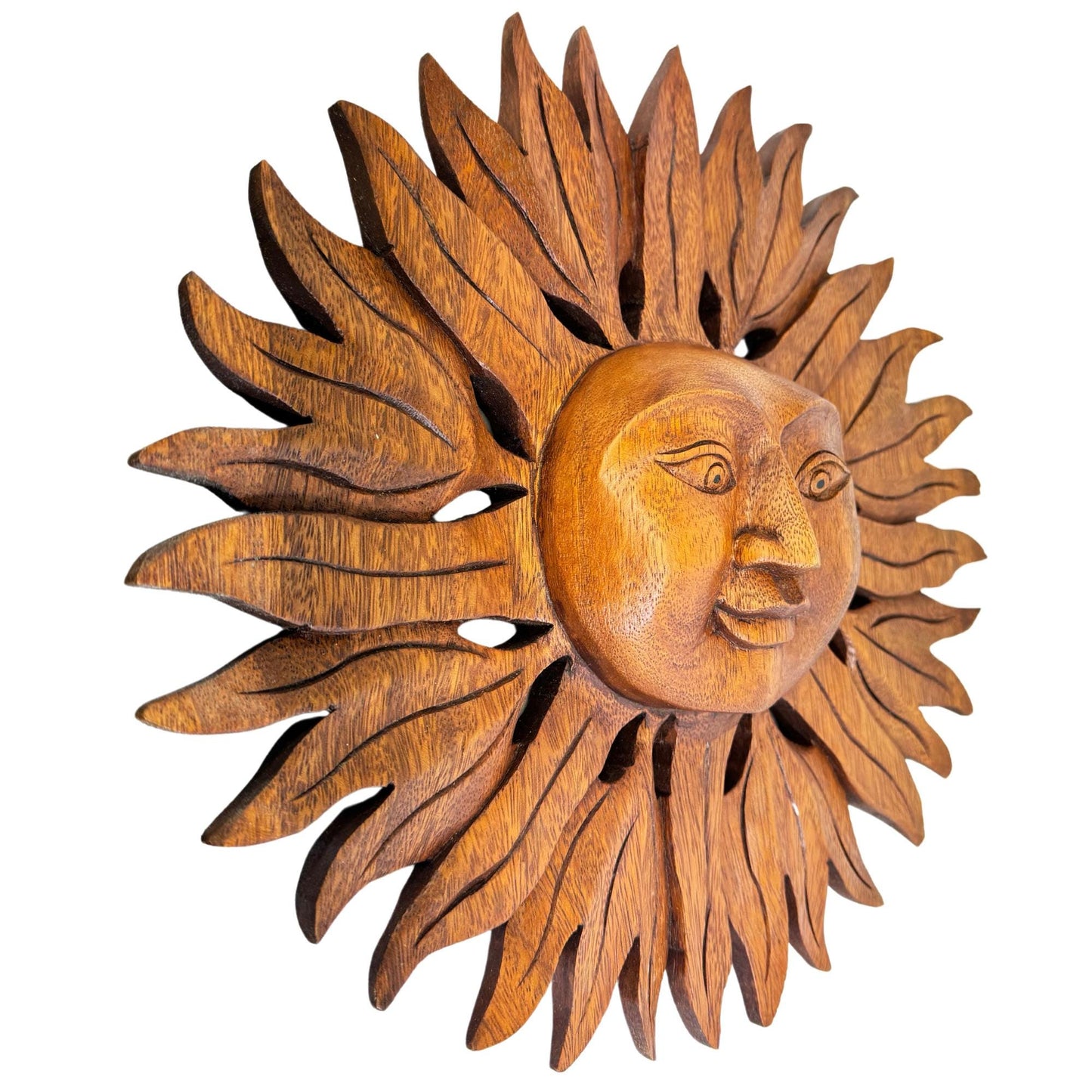 Sun Disc Sunburst Celestial Wall Art Plaque Carved hand carved natural wood Carving Bali Balinese folk art 14" - Acadia World Traders