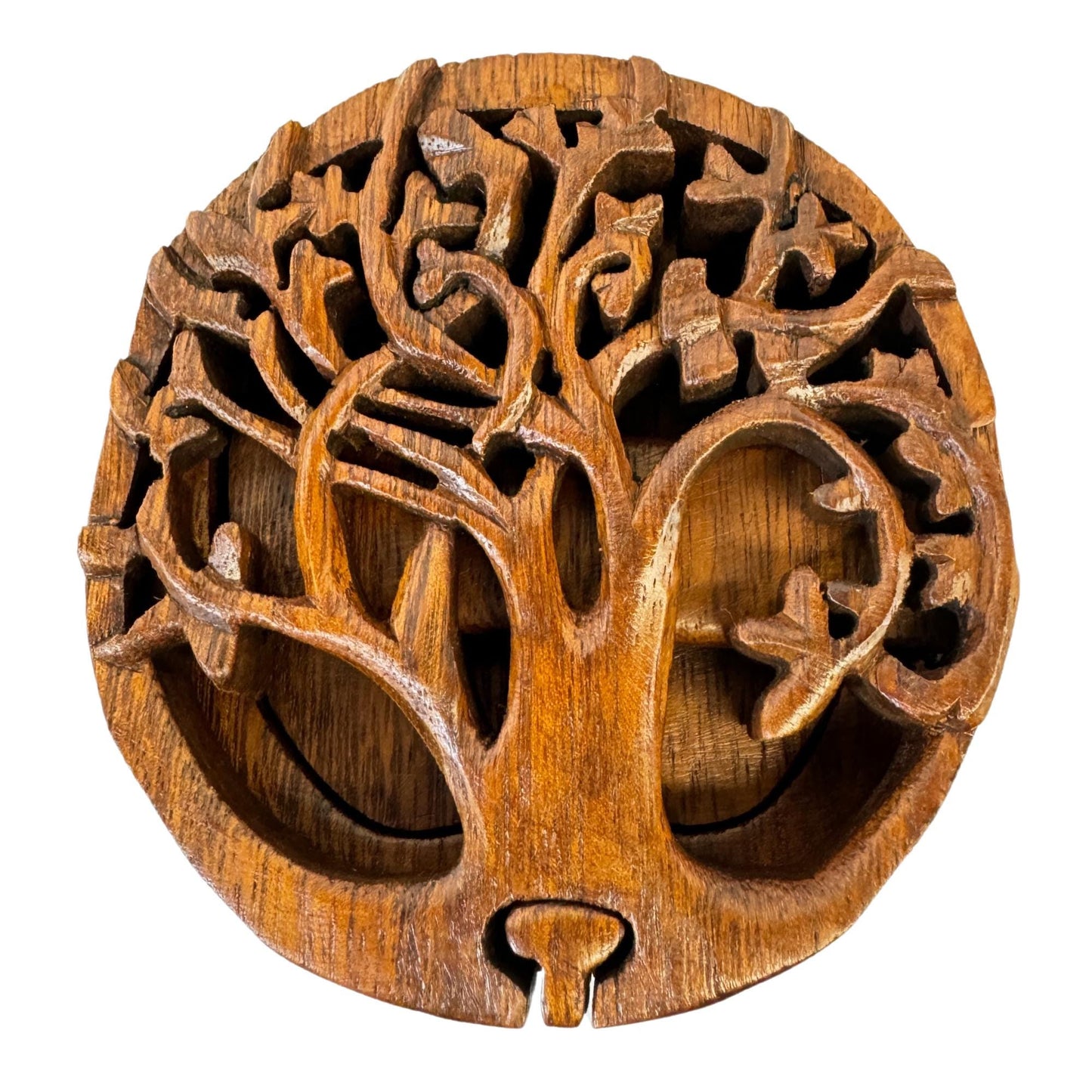 Balinese Tree of Life Secret puzzle Round Box Stash Trinket jewelry gift box Hand carved suar wood Bali Art