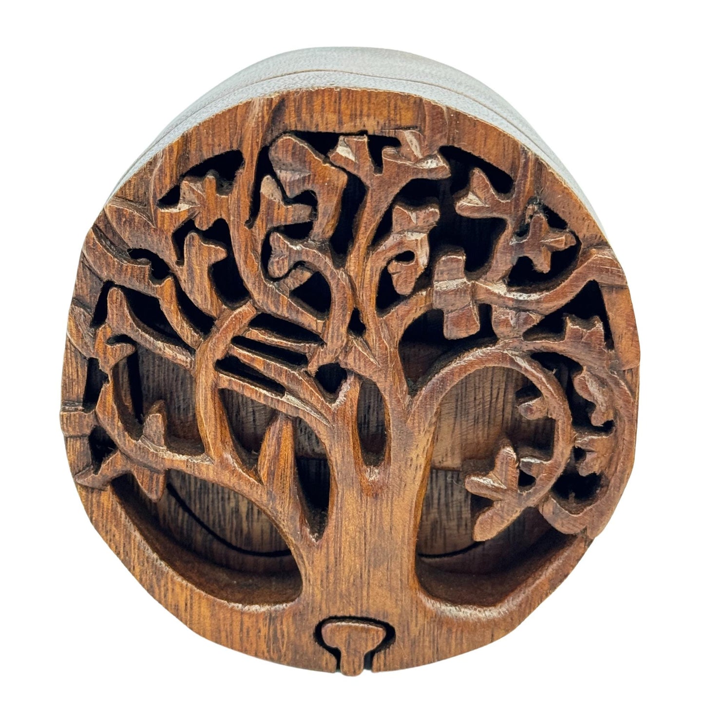 Balinese Tree of Life Secret puzzle Round Box Stash Trinket jewelry gift box Hand carved suar wood Bali Art