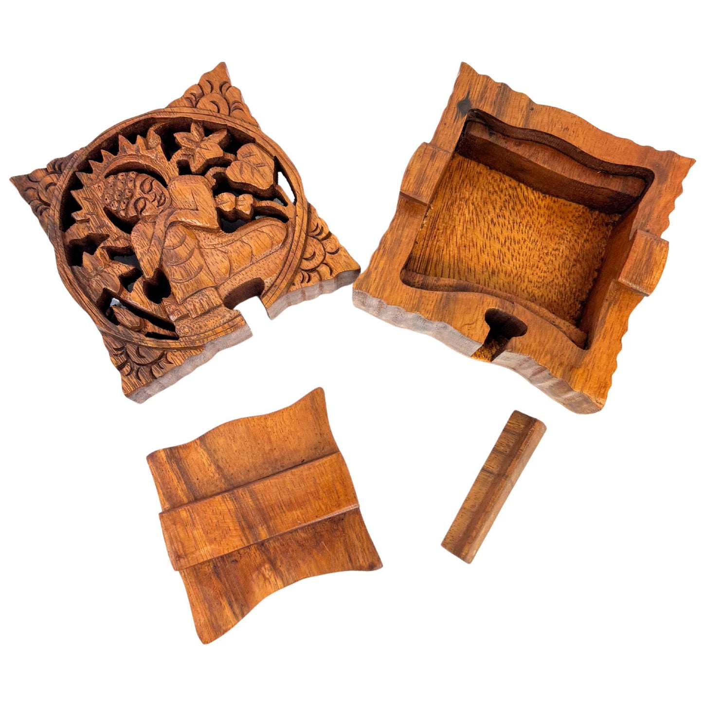 Hand Carved Wood Meditating Buddha Puzzle Box, Secret Stash Box