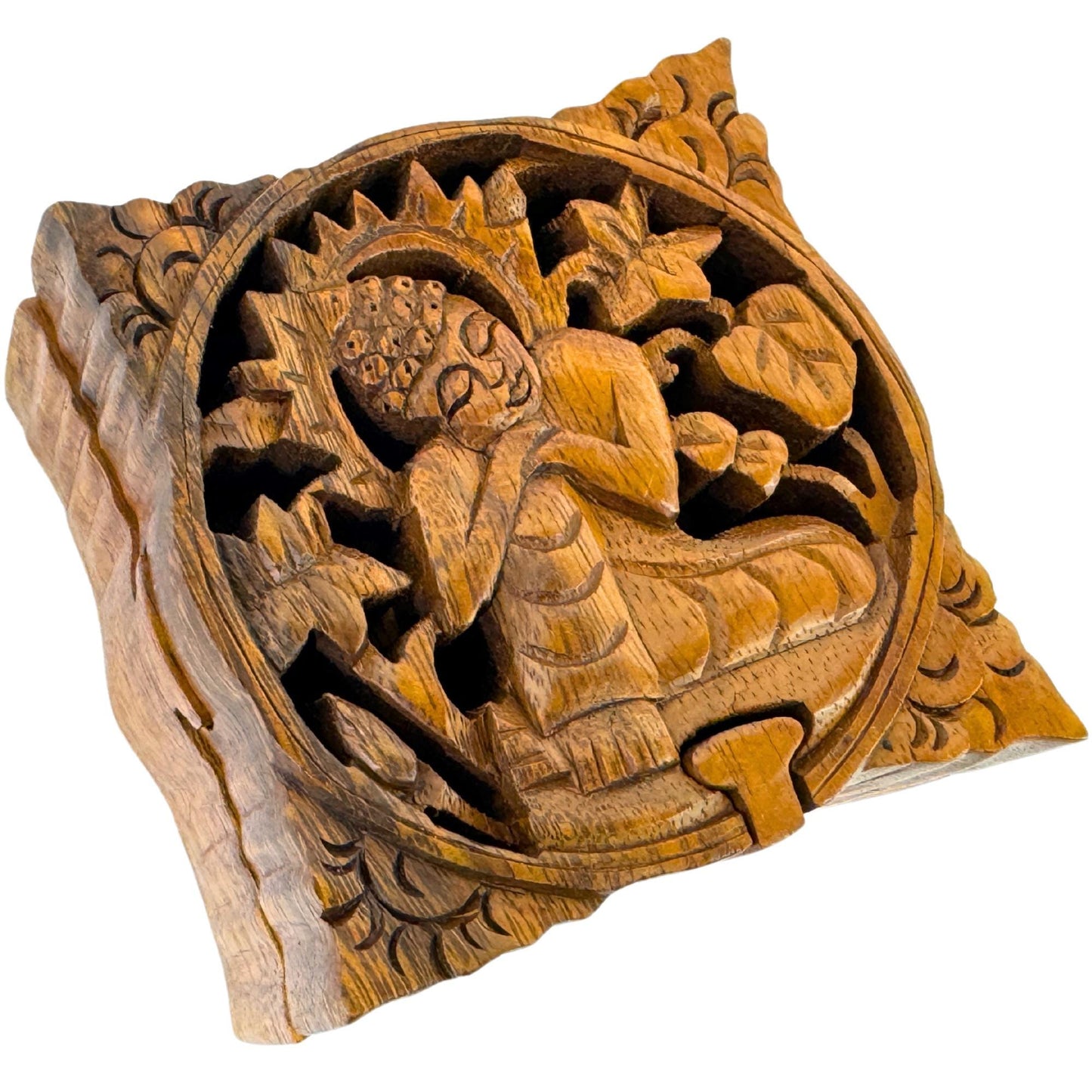 Thinking Buddha Wooden secret puzzle Jewelry Box Stash Box Gift Box Handmade Hand Carved Wood