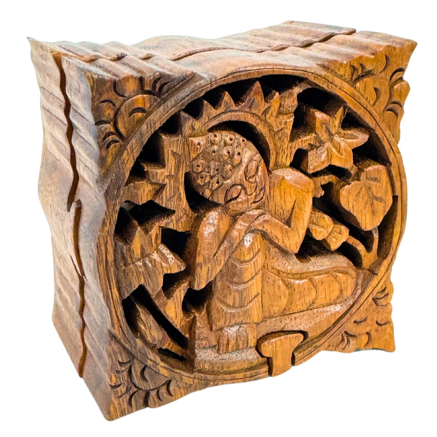 Thinking Buddha Wooden secret puzzle Jewelry Box Stash Box Gift Box Handmade Hand Carved Wood