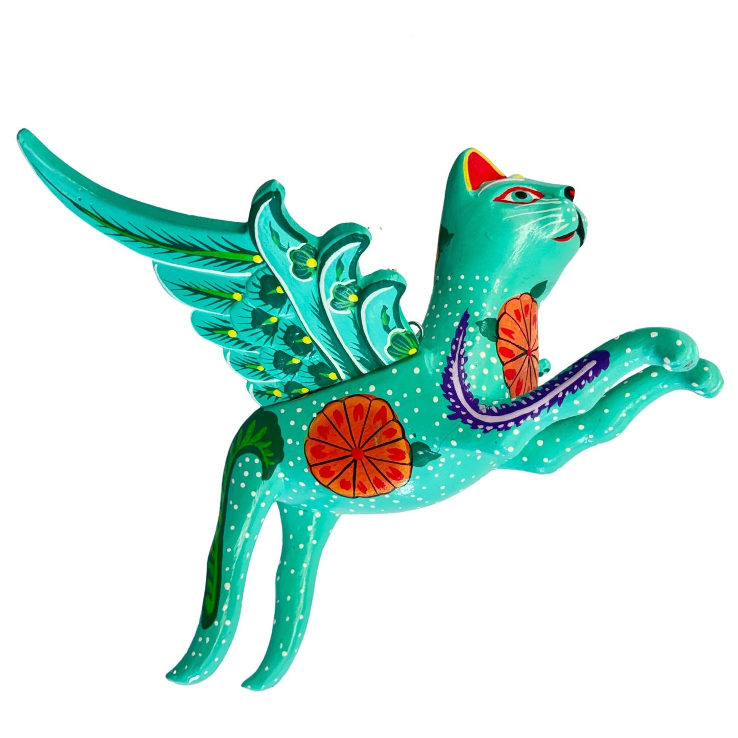 Winged Cat Mobile Marigold kitty Spiritchaser Demon chaser cradle guardian hand carved wood Cat Lady Balinese Folk Art Turquoise
