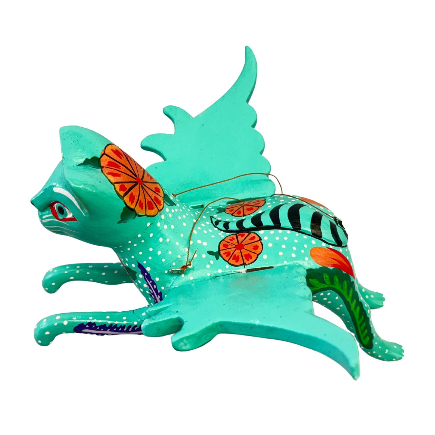 Winged Cat Mobile Marigold kitty Spiritchaser Demon chaser cradle guardian hand carved wood Cat Lady Balinese Folk Art Turquoise
