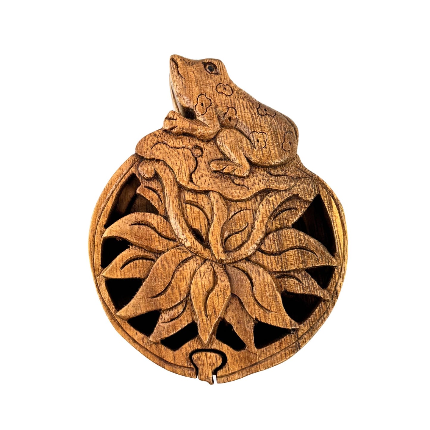 Frog on Lotus WaterlilySecret Puzzle stash jewelry Box Gift Box Hand Carved Wood Frog Carving