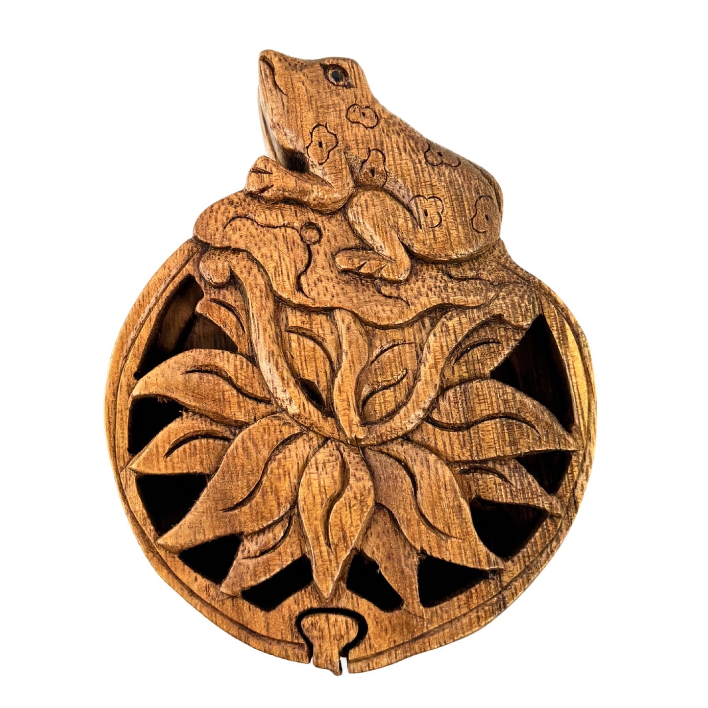 Frog on Lotus WaterlilySecret Puzzle stash jewelry Box Gift Box Hand Carved Wood Frog Carving