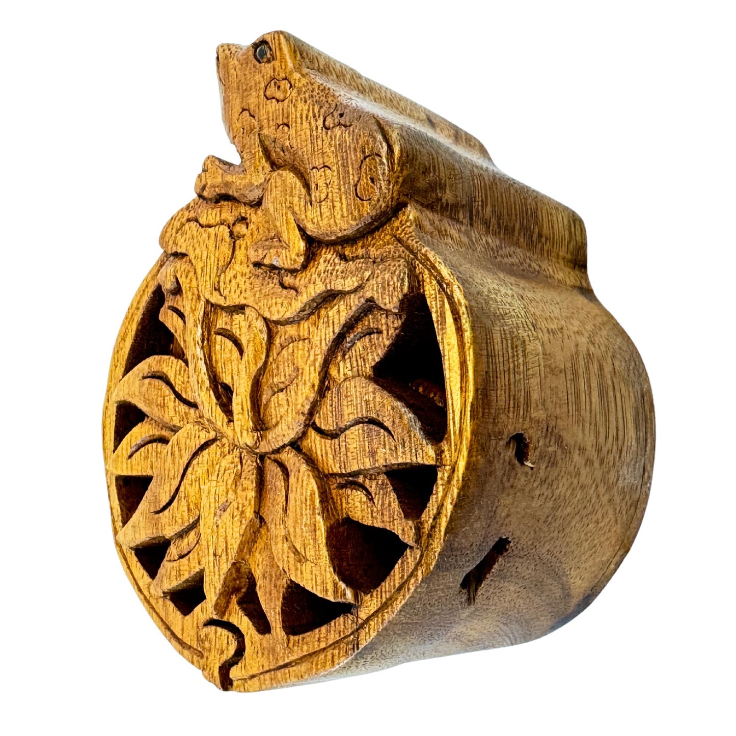 Frog on Lotus WaterlilySecret Puzzle stash jewelry Box Gift Box Hand Carved Wood Frog Carving