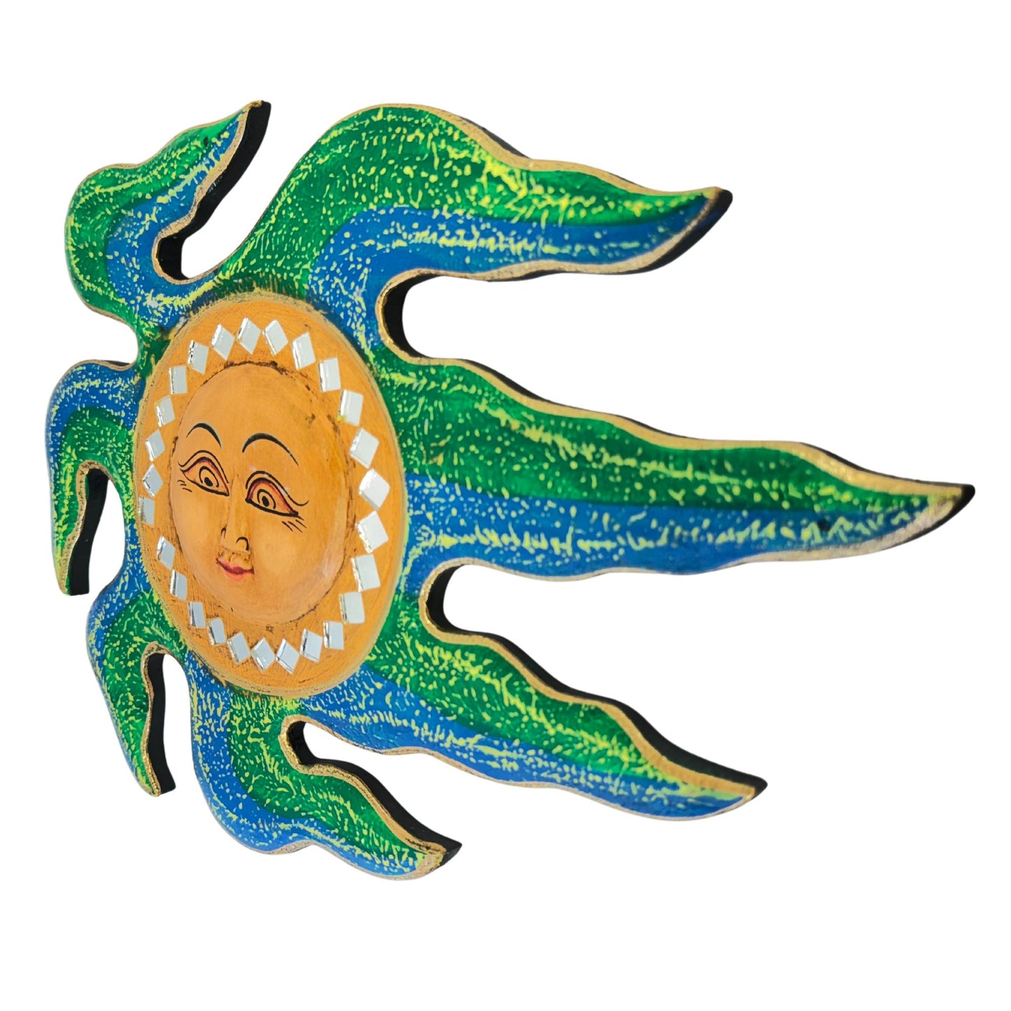 Wind Blown Sun Mini Sunburst Celestial Wall Art Plaque Carved hand painted Bali Balinese folk art Blue Green 12"