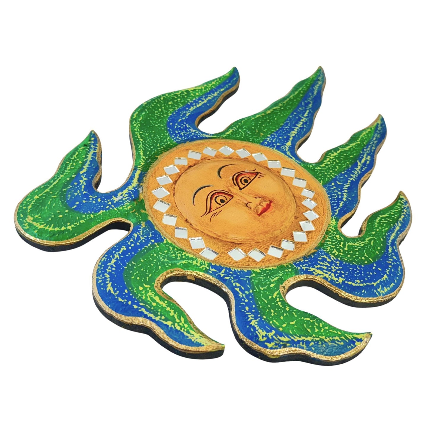 Wind Blown Sun Mini Sunburst Celestial Wall Art Plaque Carved hand painted Bali Balinese folk art Blue Green 12"