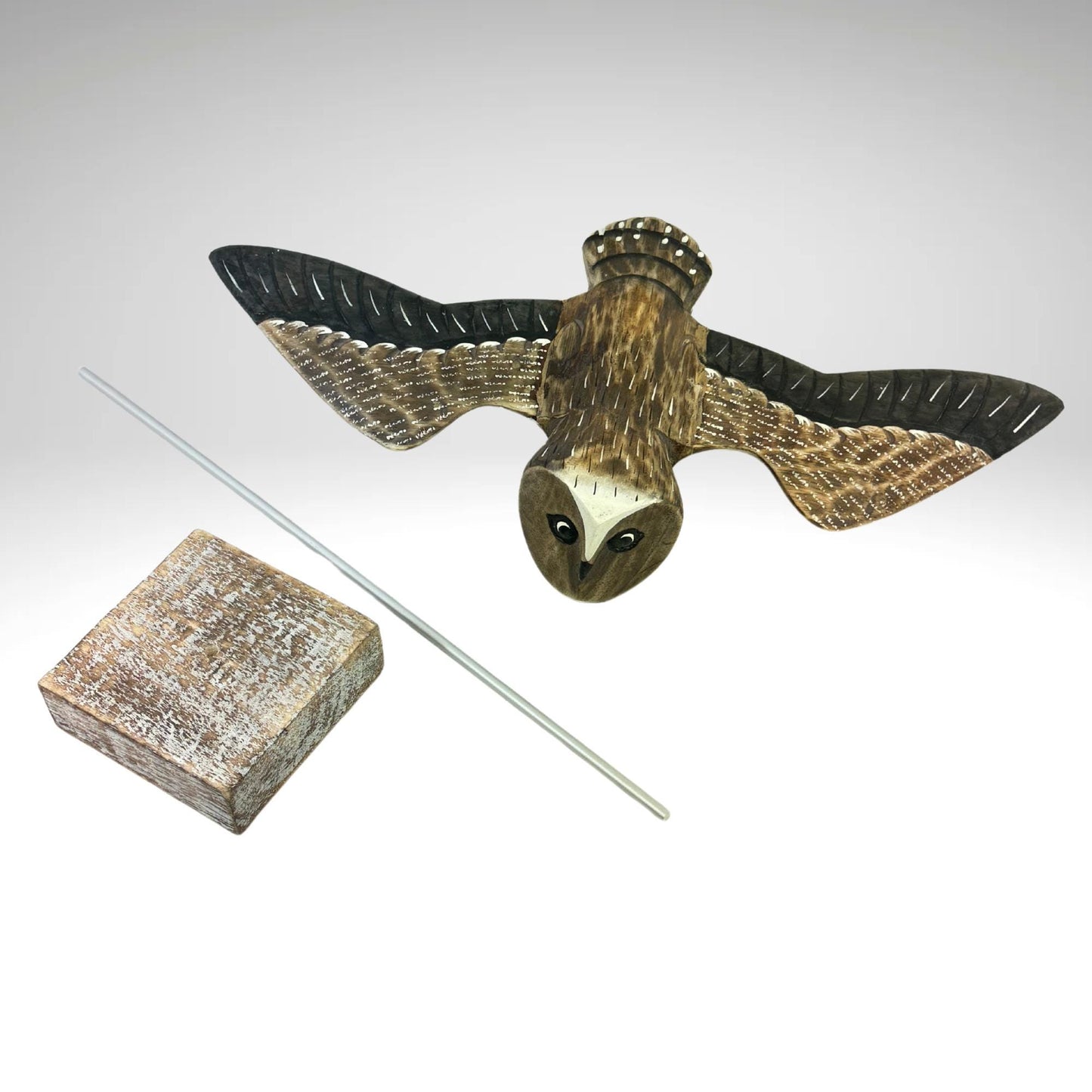 Hand Carved Wood Flying Barn Owl Sculpture: Painted Wood Bird Statue