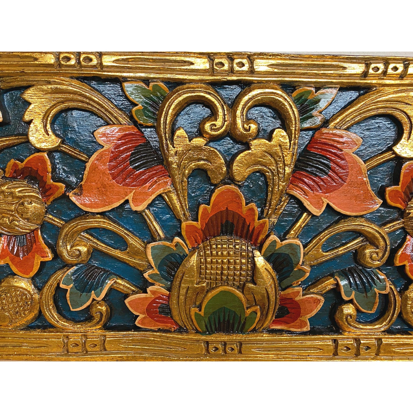 Balinese Lotus Bud Panel architectural Relief Wood Carving Bali wall Art teal 24"